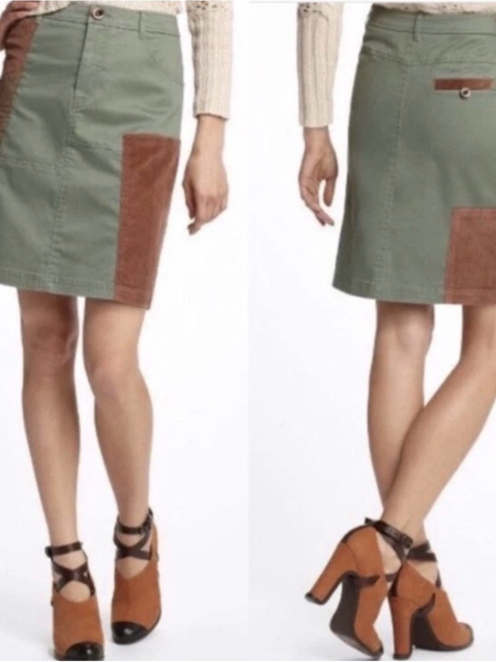 NWT Anthropologie Meadow Rue Green Patchwork Cargo Skirt Corduroy Brown Size 8